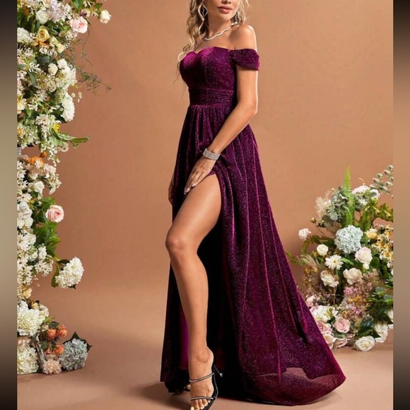 Luxe purple off shoulder glitter party formal evening gown dress - Picture 11 of 11